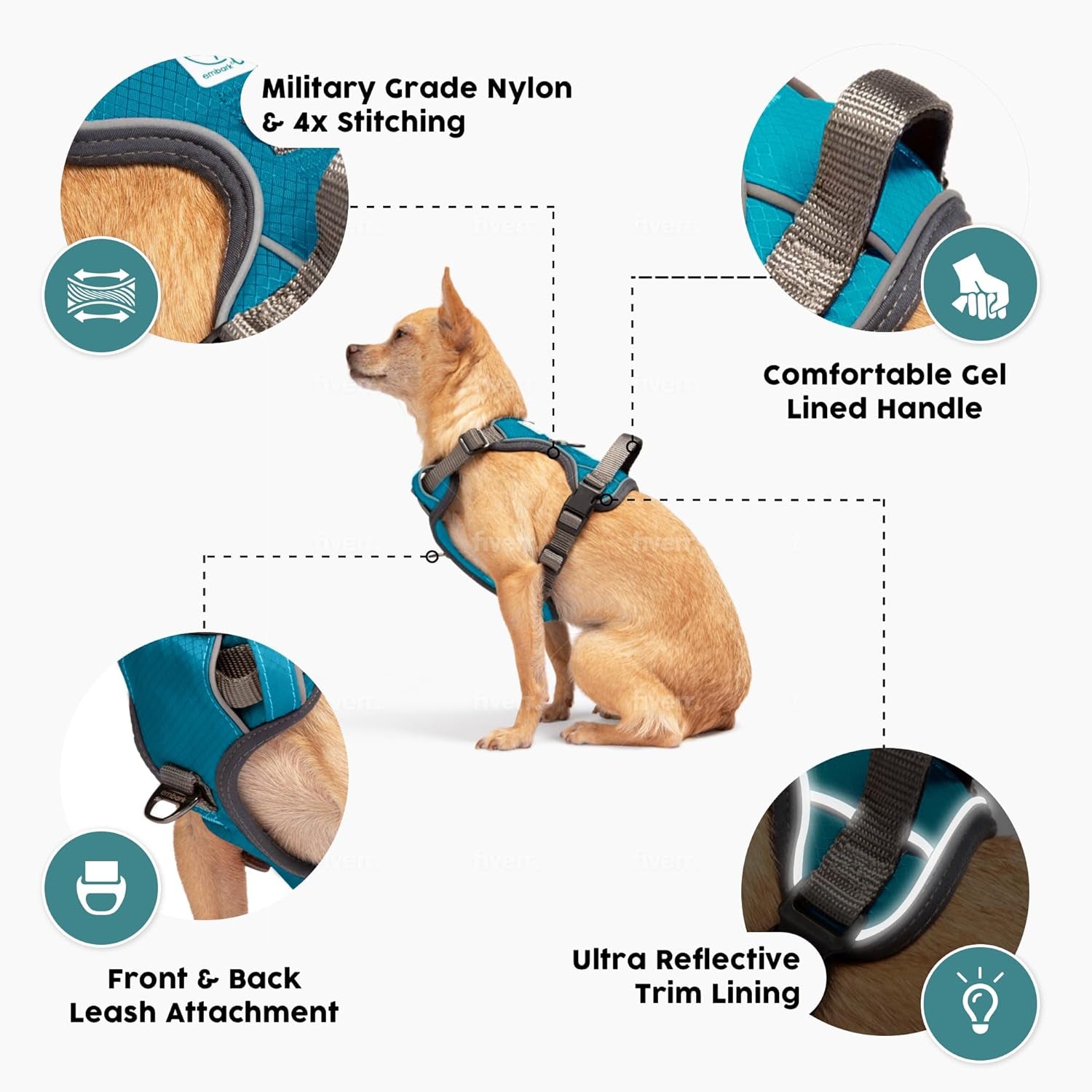 Embark Adventure Dog Harness, Reflective Trim XL Dog Harness for Extra Large Dogs No Pull - Military Grade Nylon, 2 Leash Clips & Gel Lined Handle. Soft & Padded Puppy